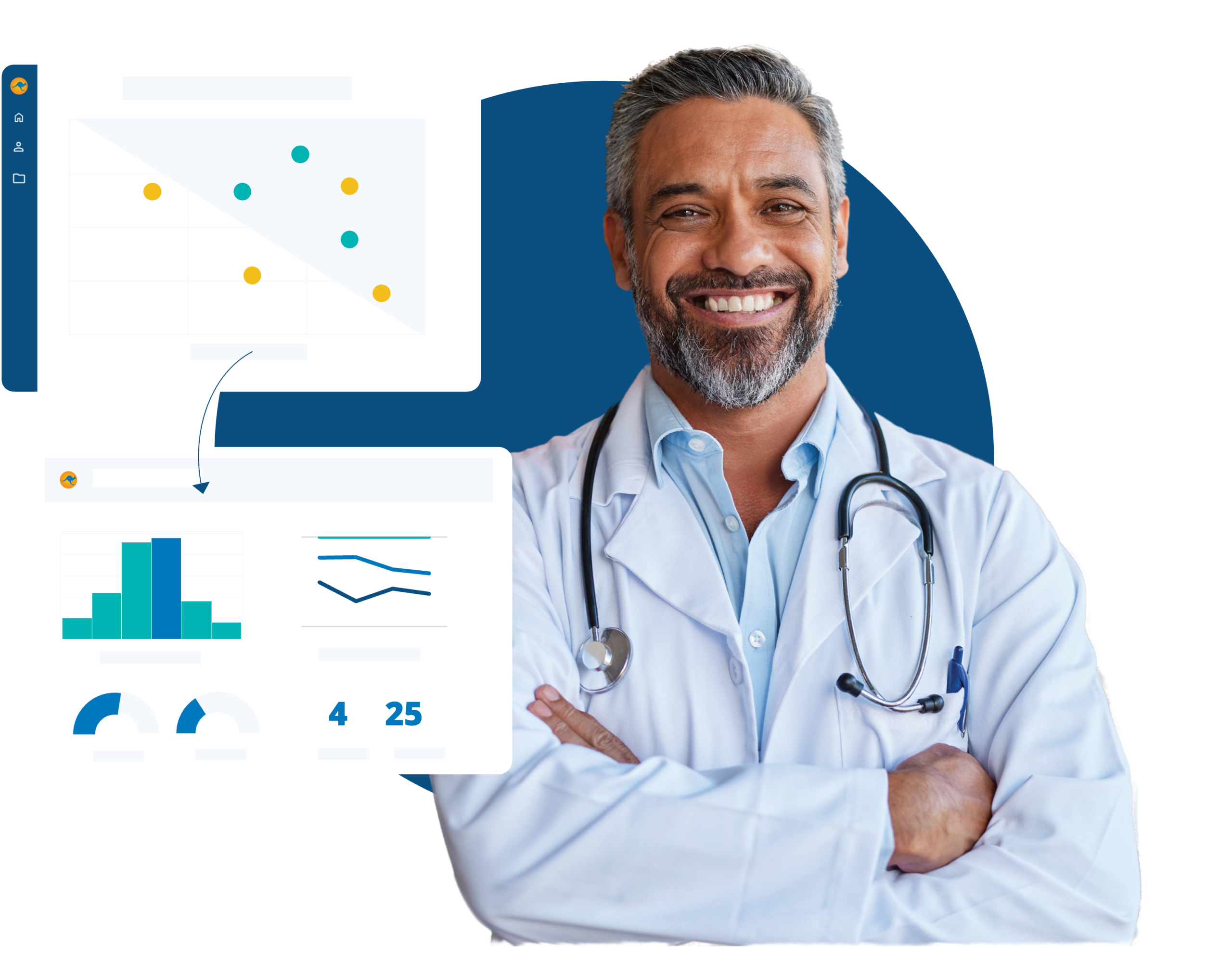 Médecin en blouse blanche illustrant une interface de visualisation de données médicales avec graphiques analytiques de BlueKanGo.